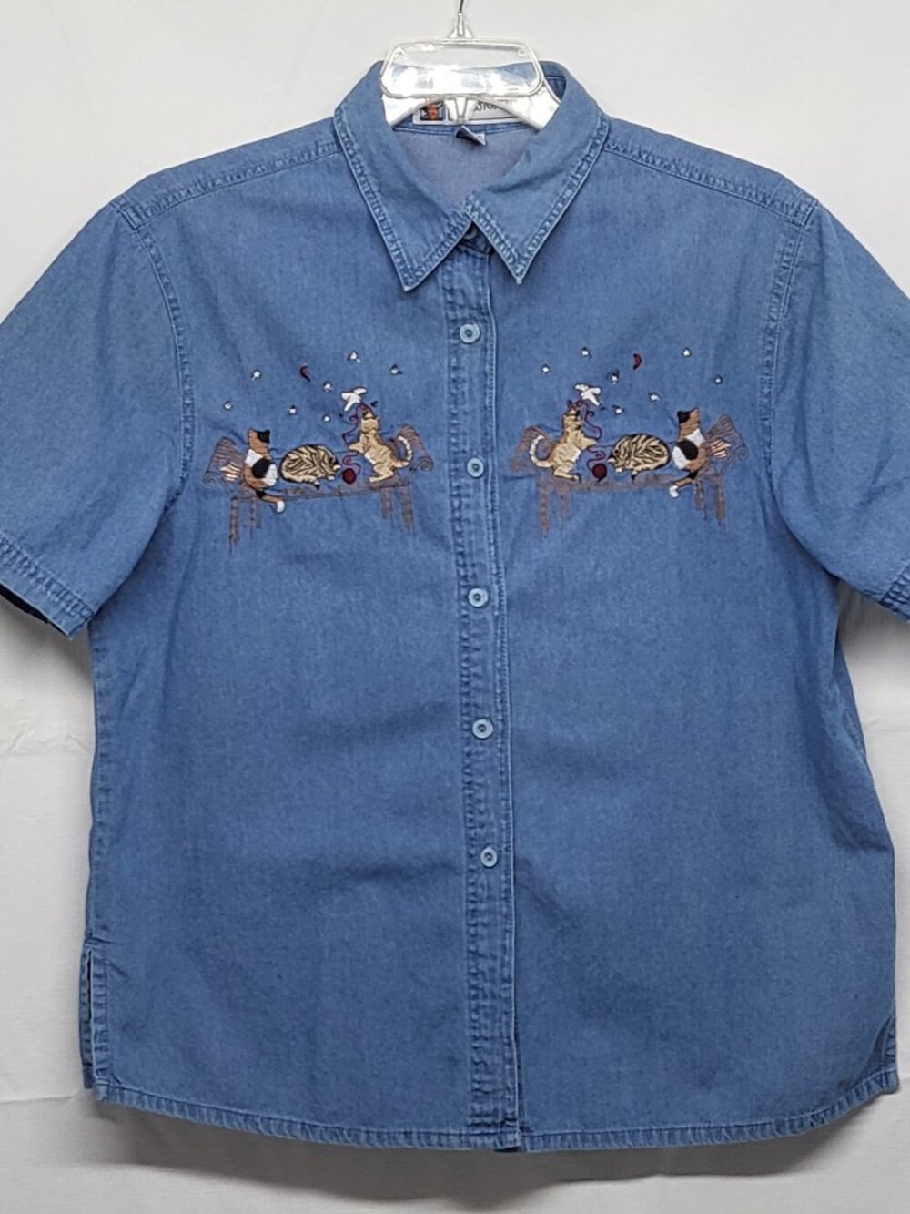 Vintage Passion-I Womens Denim Shirt XL Animal Cats Embroidered Button Up